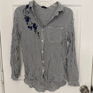 Velvet Heart Blue/White Striped Embroidered Floral Button-Down Sz S NEW NO TAGS